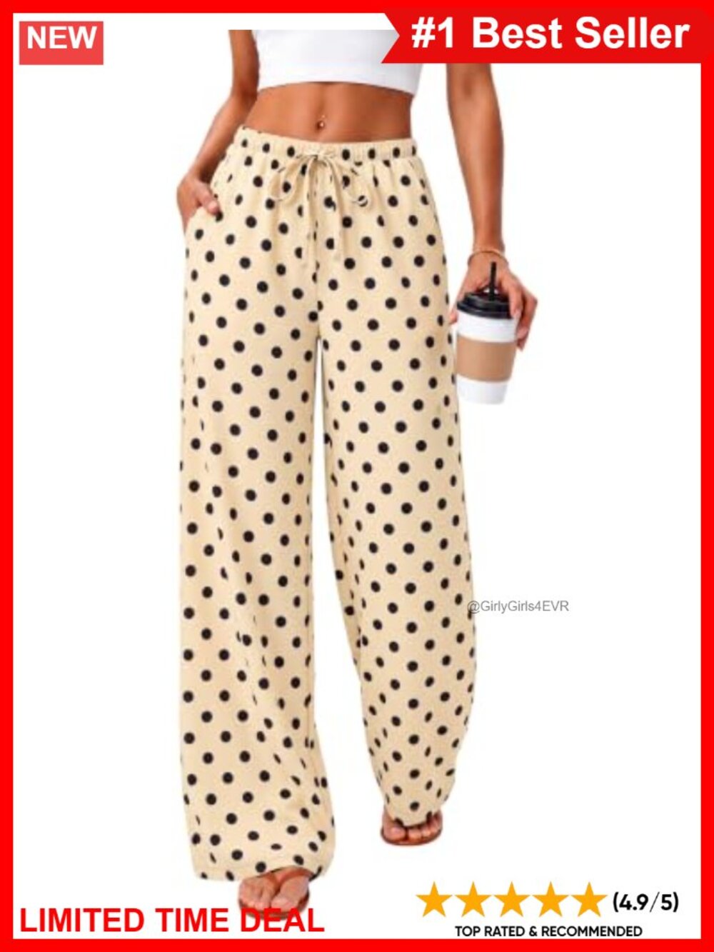 Wide Leg Polka Dot Pants Drawstring Elastic Waist 100% Polyester Lounge
